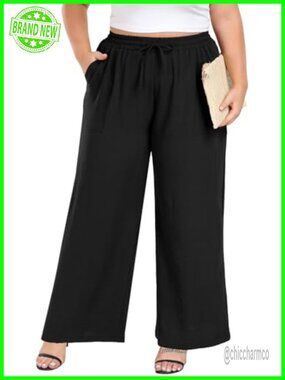 Plus Size Wide Leg Palazzo Pants High Waist Drawstring Trousers with Pockets